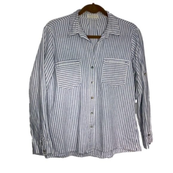 Just Living Tops - 👛Just Living Button Up Shirt Women Blue White Stripe M Long Sleeve